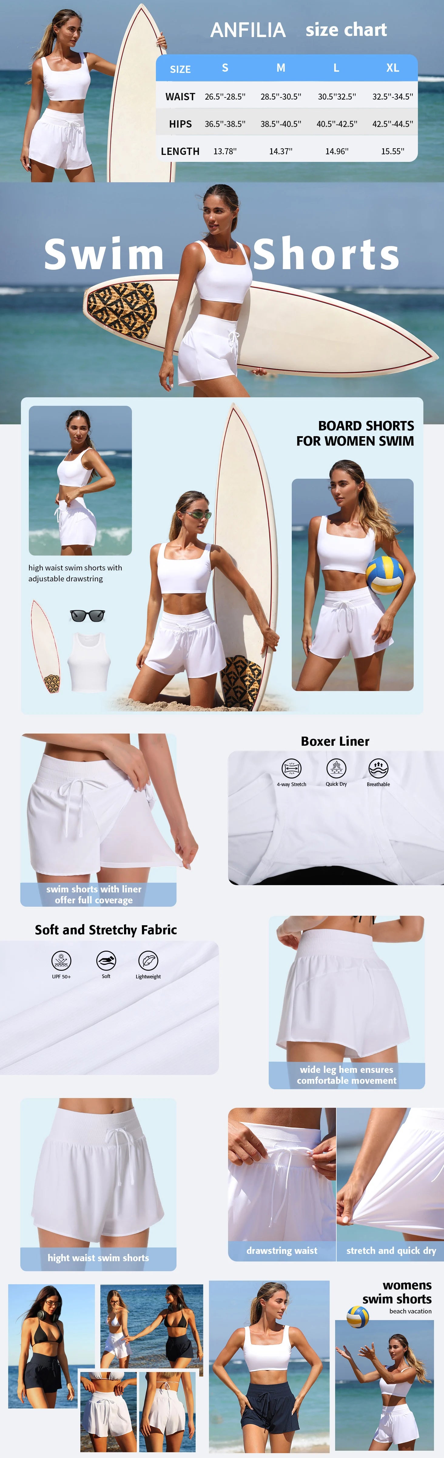 Anfilia Swim Bottoms for Women Tummy Control High Waisted Swim Board Shorts Loose Fit