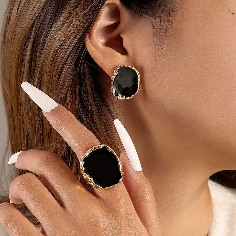 2Pcs/Set New Vintage Enamel Earrings Rings For Women Punk Metal Side Classic Black Oil Drip Irregular Stones Luxury Jewelry Set