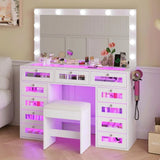 Luxury Makeup Vanity with 11 Drawers amp RGB Lights, Large Vanity Table with Padded Stool amp 11 LED Bulbs, Vanity Desk with Po