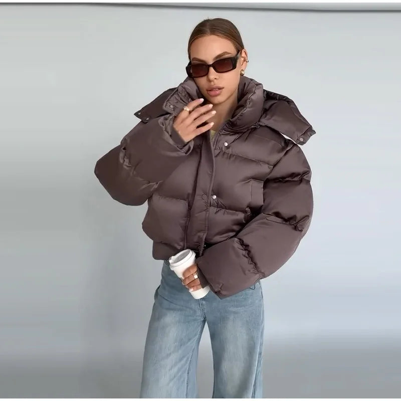 Winter Hooded Jacket Short Top Cropped Drawstring Waist Coat Woman Long Sleeve Warm Quilted Out Jackets Streetwear Lady Clothes