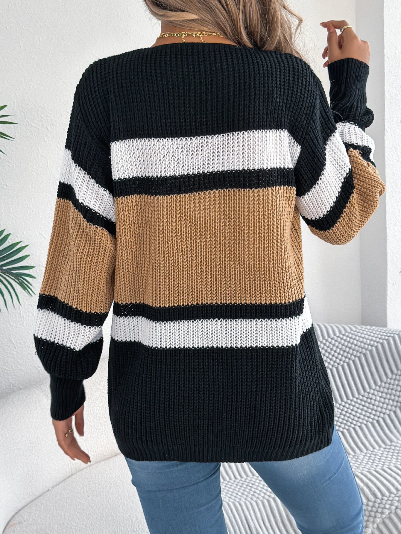 Women's Color Block Striped Cardigan Sweaters 2026 Autumn Winter Casual Lantern Long Sleeve Knitted Coats Fashion Woman Outwear