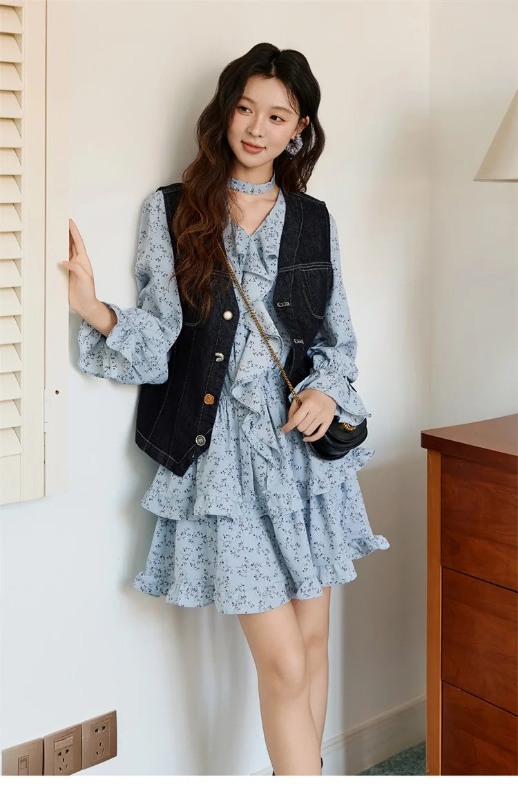 MISHOW Floral Dress for Women Cotton 2026 Spring Blue Luxury V-neck Ruffled Puff Sleeve Dress Party Midi Dress Woman MXE46L2517