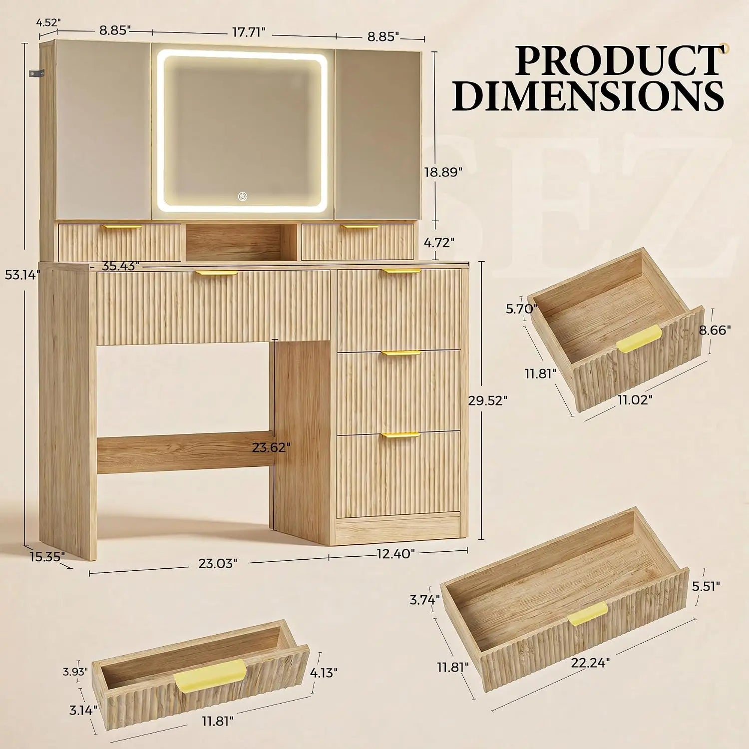 Vanity Desk 3 Way Mirror Lights Makeup Vanity 360 View Mirror 3 Lighting Modes 6 Drawers Storage Cabinet Fluted Wood Vanity Tabl