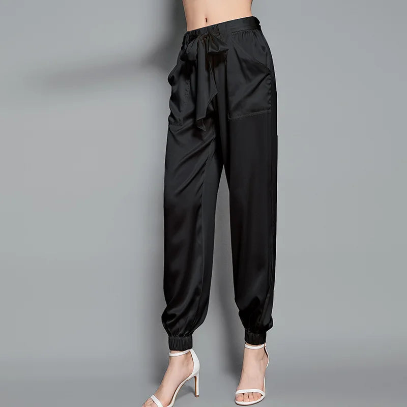 Birdsky, 1PC Women trousers bloomers pants pant bow belt high waist 19MM 95% real mulberry silk 5% spandex 3 colors, S-930