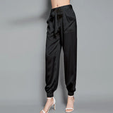 Birdsky, 1PC Women trousers bloomers pants pant bow belt high waist 19MM 95% real mulberry silk 5% spandex 3 colors, S-930