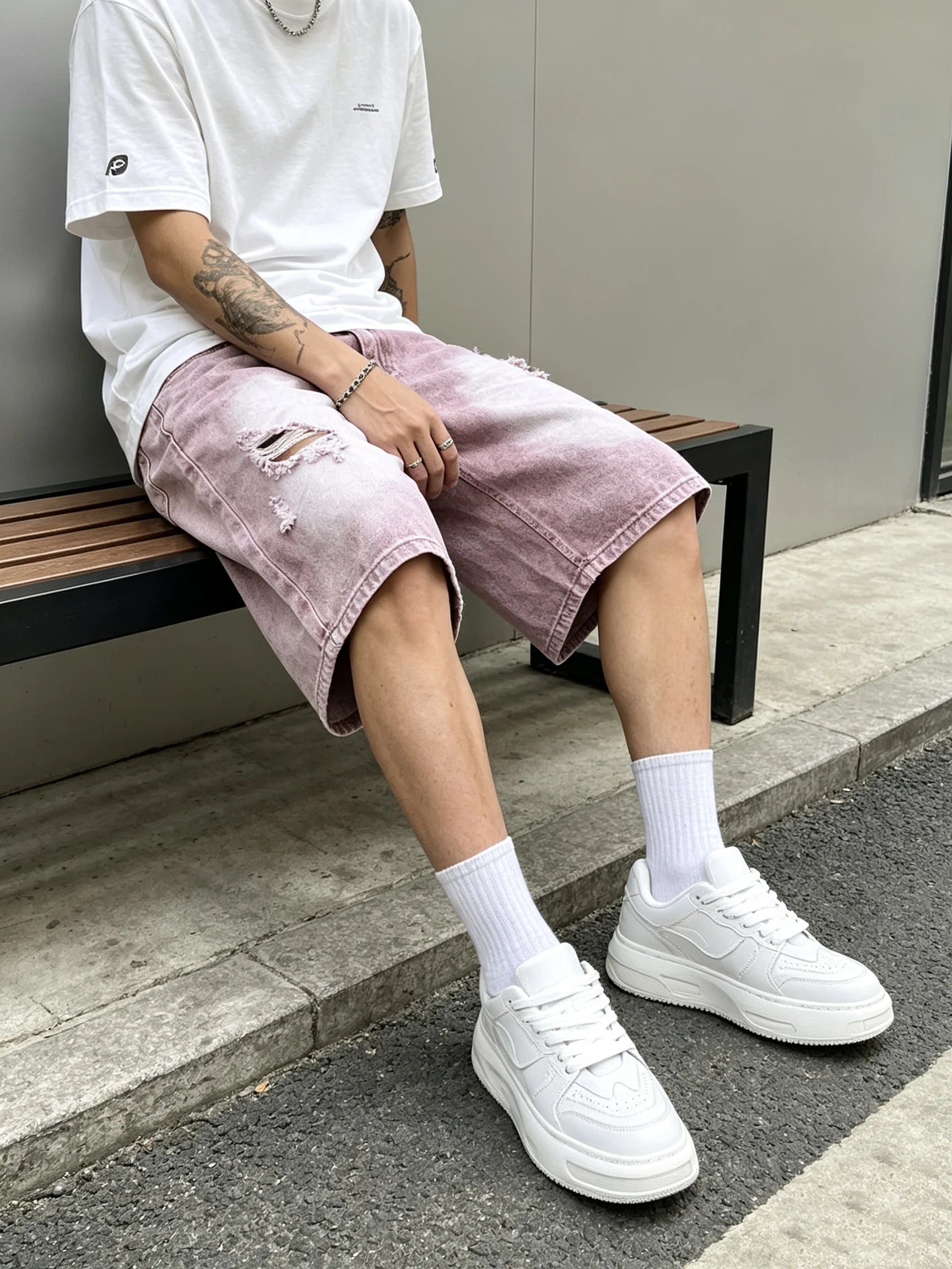 Men Vintage Baggy Distressed Denim Shorts Gradient Wash Ripped Straight High Street Trendy Casual Cargo Summer Jeans Short