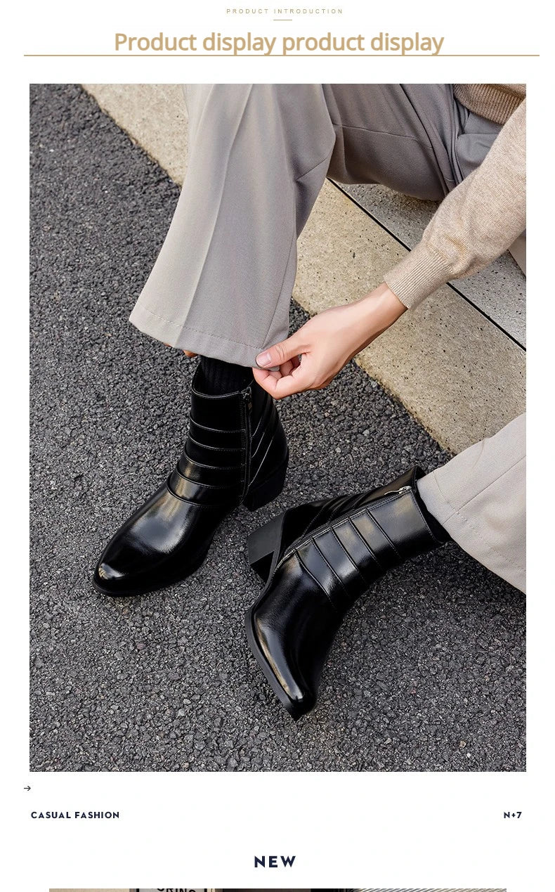 Luxury Men Boots Leather Chelsea Boots High Top Buckle Strap Formal Shoes Black British Style Ankle Boots Pointed Toe Brown Boot