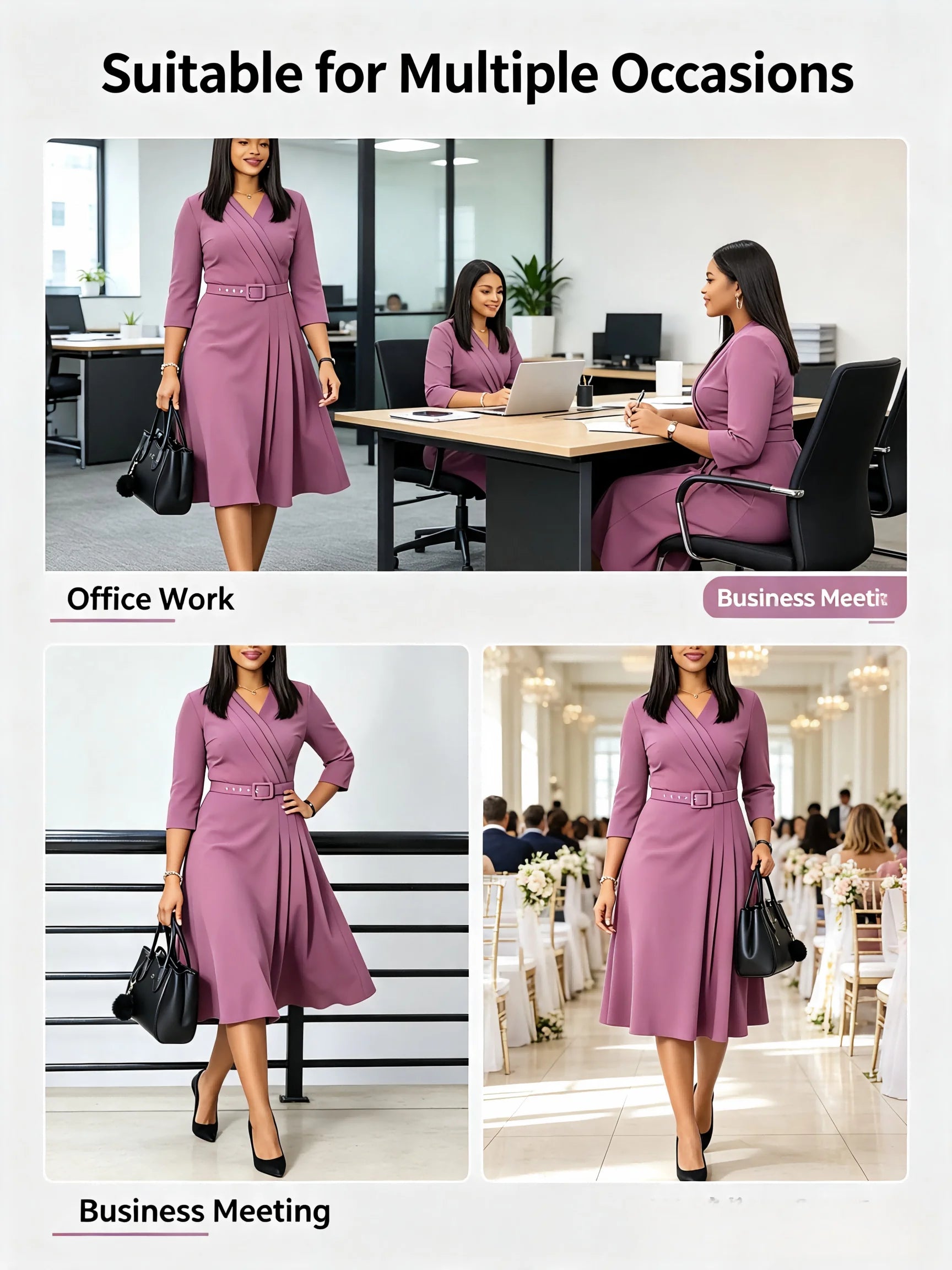 Women Elegant Office Midi Dress Plus Size V‑Neck 3/4 Sleeve Belted A‑Line Dress Formal Work Business Party Dresses