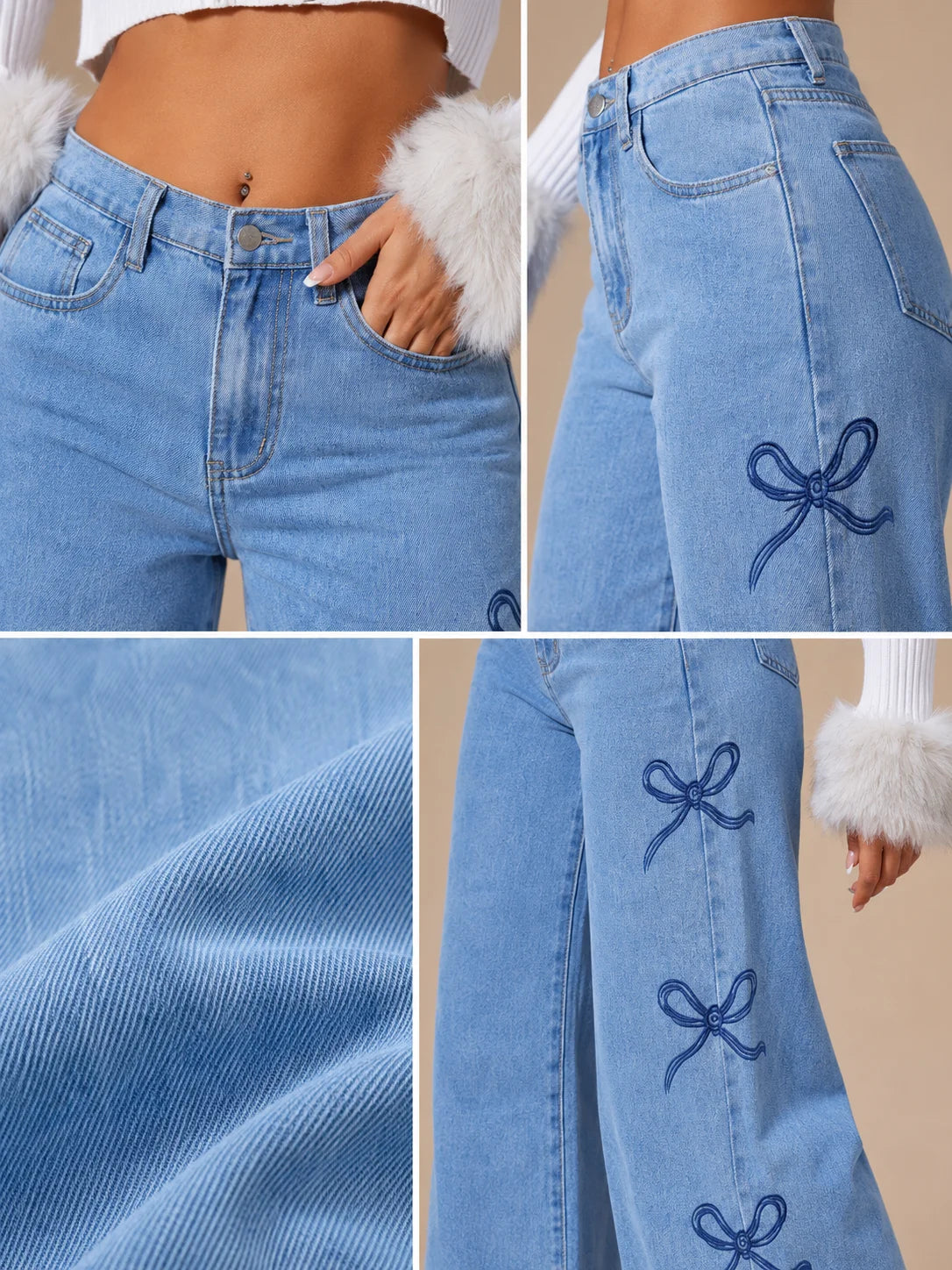 Y2K Bow Embroidery Wide Leg Jeans for Women, High Rise Vintage Light Wash Baggy Denim Trousers Trendy Casual Streetwear Daily Pants
