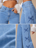 Y2K Bow Embroidery Wide Leg Jeans for Women, High Rise Vintage Light Wash Baggy Denim Trousers Trendy Casual Streetwear Daily Pants