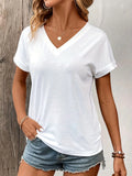 Spring and Summer Women's Casual Short-Sleeved V-Neck T-Shirt, Solid Color Style