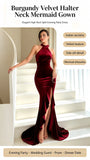 Burgundy Velvet Halter Neck Mermaid Gown High Neck Split Evening Party Dress for Women Wedding Guest Prom Formal Dresses