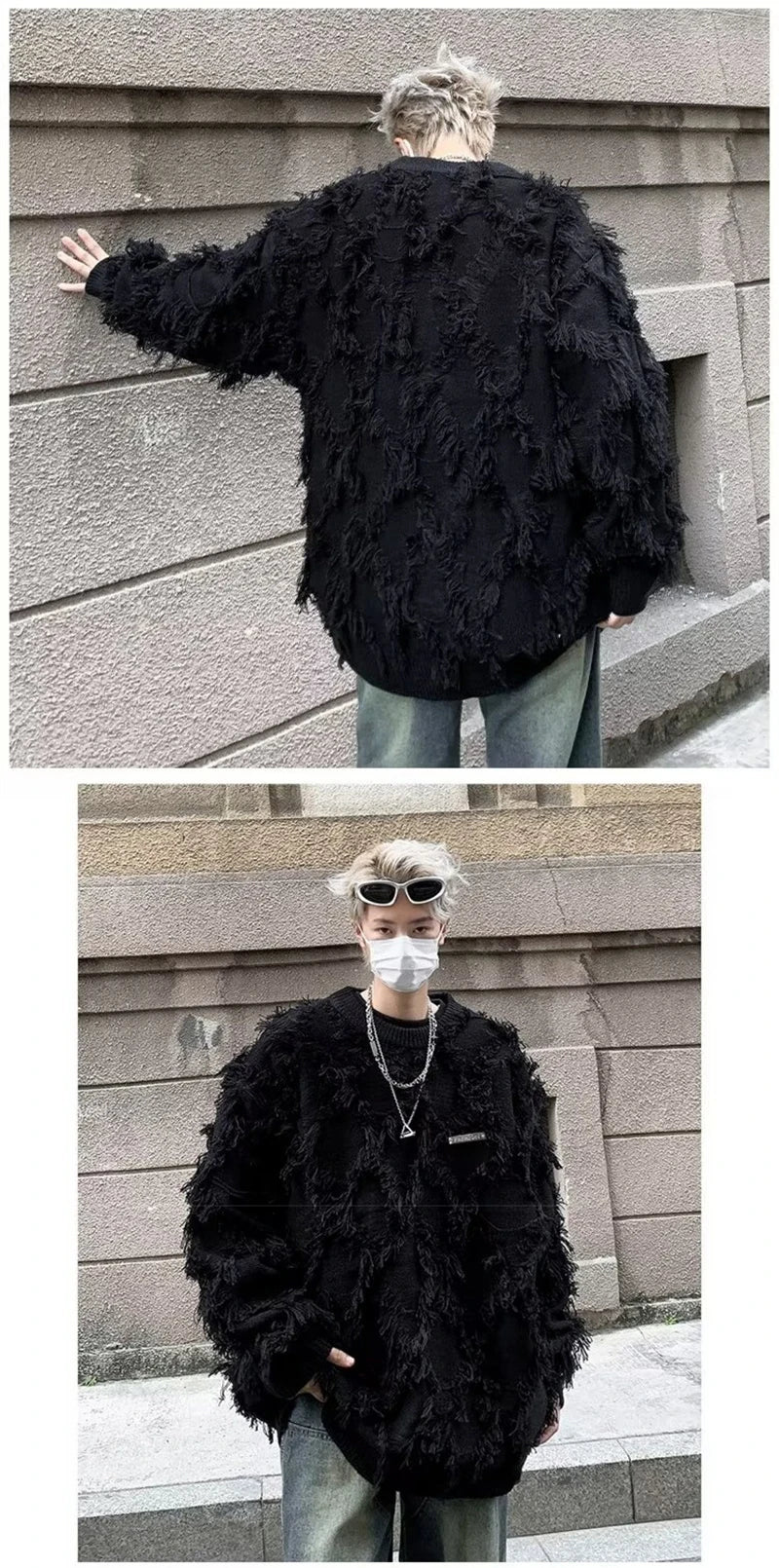 Winter Ripped Fringe Raw Edge Sweater For Men Hip Hop Fashion Knitted Pullovers Y2K Vintage Streetwear Knitwear Jersey Clothes