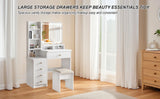 Vanity Desk Makeup Vanity Desk with Mirror and Lights, Makeup Vanity Set with Drawers, Stool and Open Shelves, 3 Color Lighting Modes Brightness Adjustable Dressing Table for Bedroom