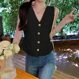 Womens Gold Button Front Vest V-Neck Ruched Waist Sleeveless Knit Jacket Casual Chic Spring Summer 2025 Trendy Outfit