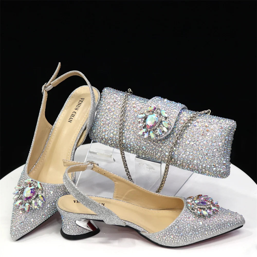 Venus Chan Royal Blue Sandals for Women 2024 Luxury Wedding Pumps Med Heels Rhinestone Design Party Shoes and Bags Set