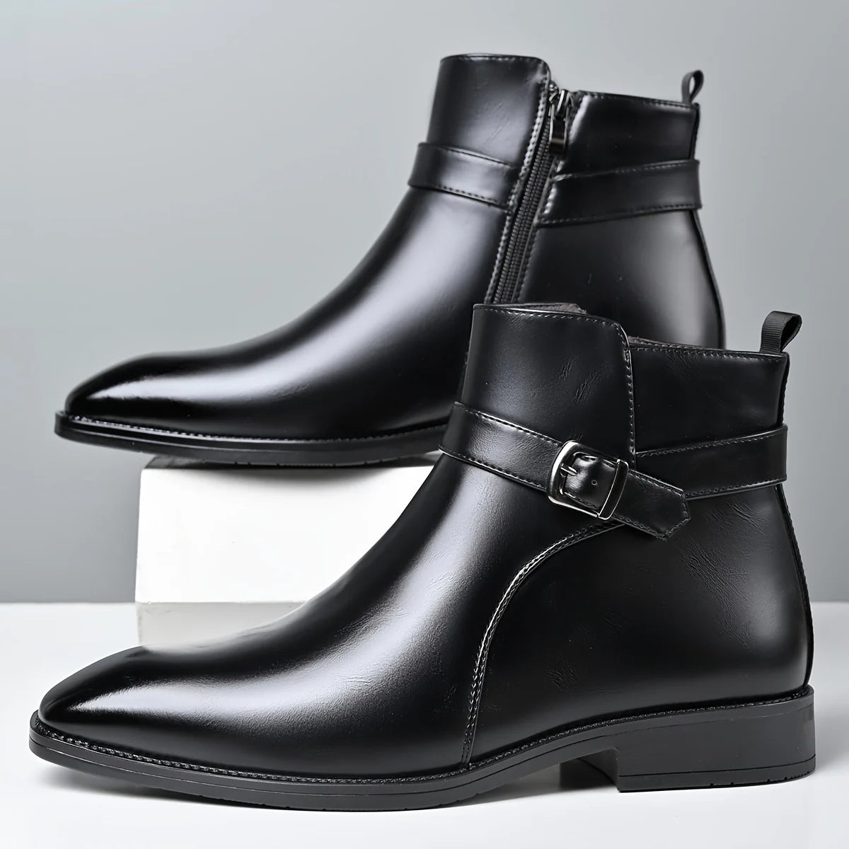 Mens Buckle Strap Ankle Boots Pointed Toe Leather Formal Chelsea Boots Man Business Dress Short Botas for Men High Top Footwear