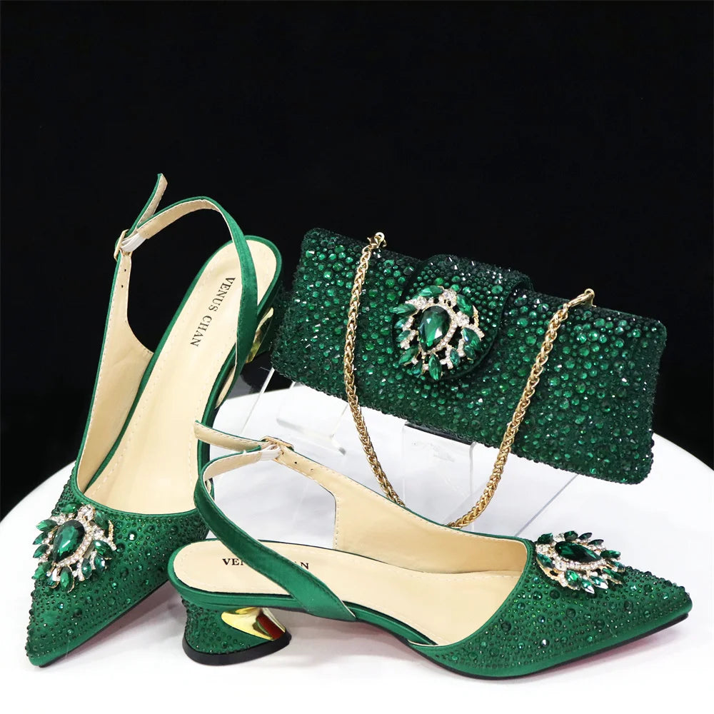 Venus Chan Royal Blue Sandals for Women 2024 Luxury Wedding Pumps Med Heels Rhinestone Design Party Shoes and Bags Set