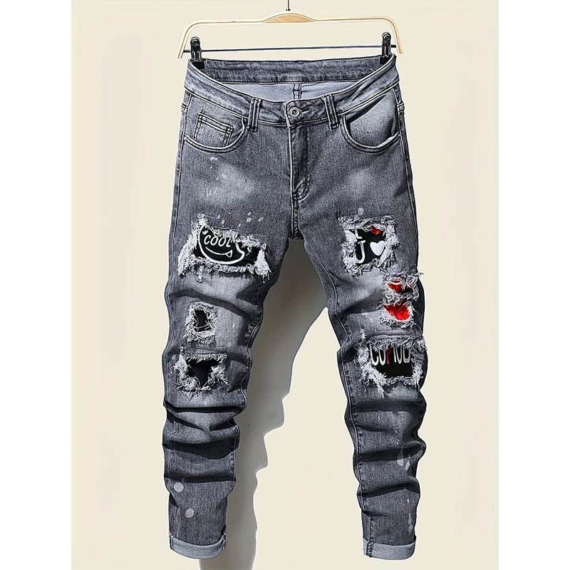 Men's jeans, street hip-hop style graffiti, ripped jeans, distressed washed, slimming, slimming, multifunctional casual versatile slim pants
