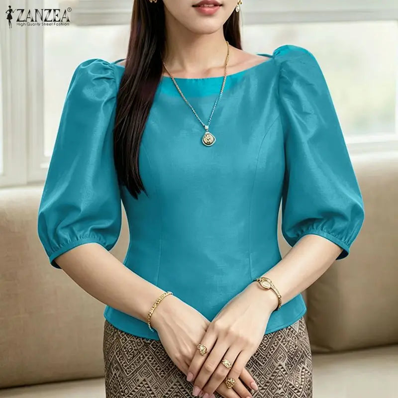 ZANZEA Elegant Princess Seams Satin Blouses Woman Boat Neck Puff Sleeves Solid Color Party Crop Tops Summer Graceful Blusa Mujer