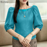 ZANZEA Elegant Princess Seams Satin Blouses Woman Boat Neck Puff Sleeves Solid Color Party Crop Tops Summer Graceful Blusa Mujer