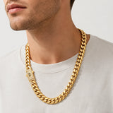 18K Gold Plated Cuban Link Chain Necklace for Men, 12/14mm Wide Miami Curb Chain Hip Hop Jewelry with Iced Out CZ Clasp, Luxury Streetwear Gold Chain Accessory for Party, Daily Wear, Birthday Gift
