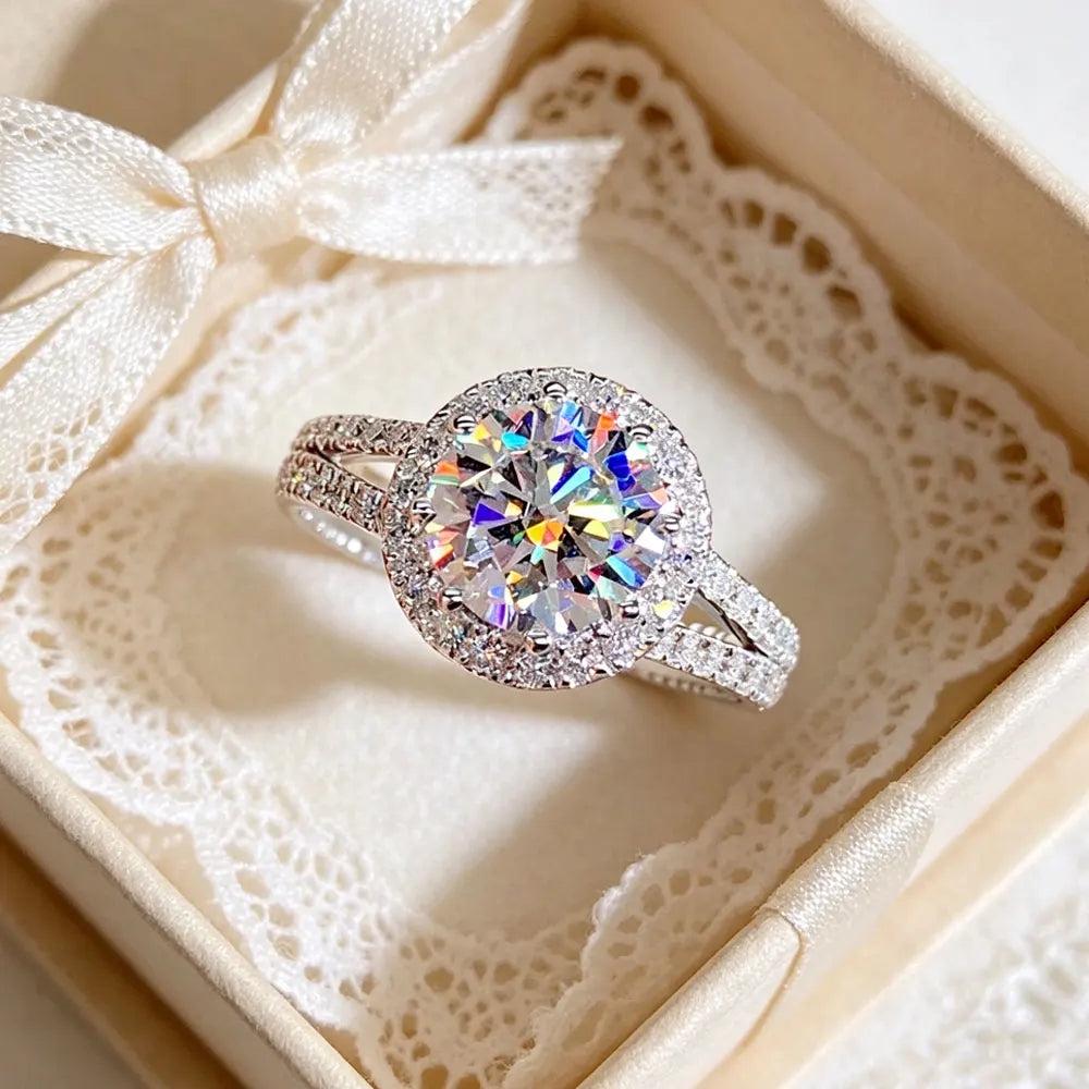 925 Sterling Silver 2ct Round Cut Moissanite Engagement Ring Wedding Band for Women Bridal Promise Fine Jewelry Gift