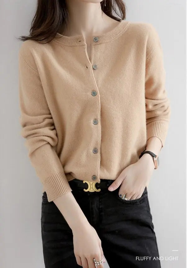 Women Knitted Cardigans Autumn Winter 2025 Round Neck Casual Long Sleeve Tops Solid Basic Soft Sweaters Female