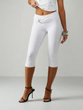 MISSGUIDED Women's Red Capri Leggings With Gold Hardware Detail Waistband Mid Rise Cropped Pants Spring Summer Fashion