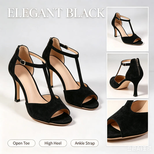 Elegant Women's High Heel Sandals Open Toe T Strap Faux Suede Back Zip Ankle Strap Dress Shoes for Wedding Bridal Evening Party Cocktail Prom Office Work Date Night Casual Summer Fashion Heeled Footwear Black Red Yellow Nude