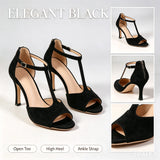 Elegant Women's High Heel Sandals Open Toe T Strap Faux Suede Back Zip Ankle Strap Dress Shoes for Wedding Bridal Evening Party Cocktail Prom Office Work Date Night Casual Summer Fashion Heeled Footwear Black Red Yellow Nude