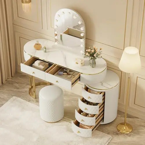 Luxury Makeup Vanity Desk with 3-Color LED Mirror and Stool, Adjustable Length Vanity Table with Movable Side Cabinet