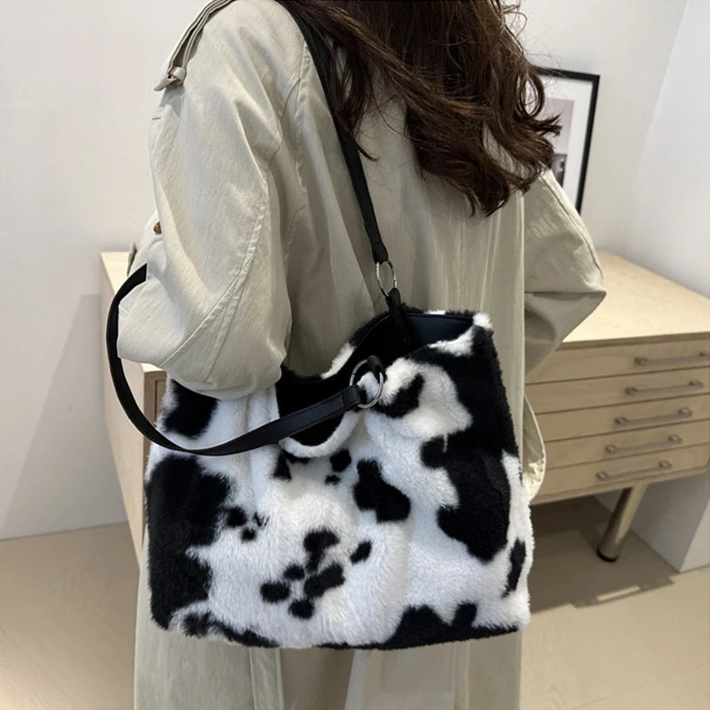 Large Capacity Shopper Bags For Women Winter Travel Tote Bag Cow Printing Plush Shoulder Bag Ladies Handbag Designer Bolsos