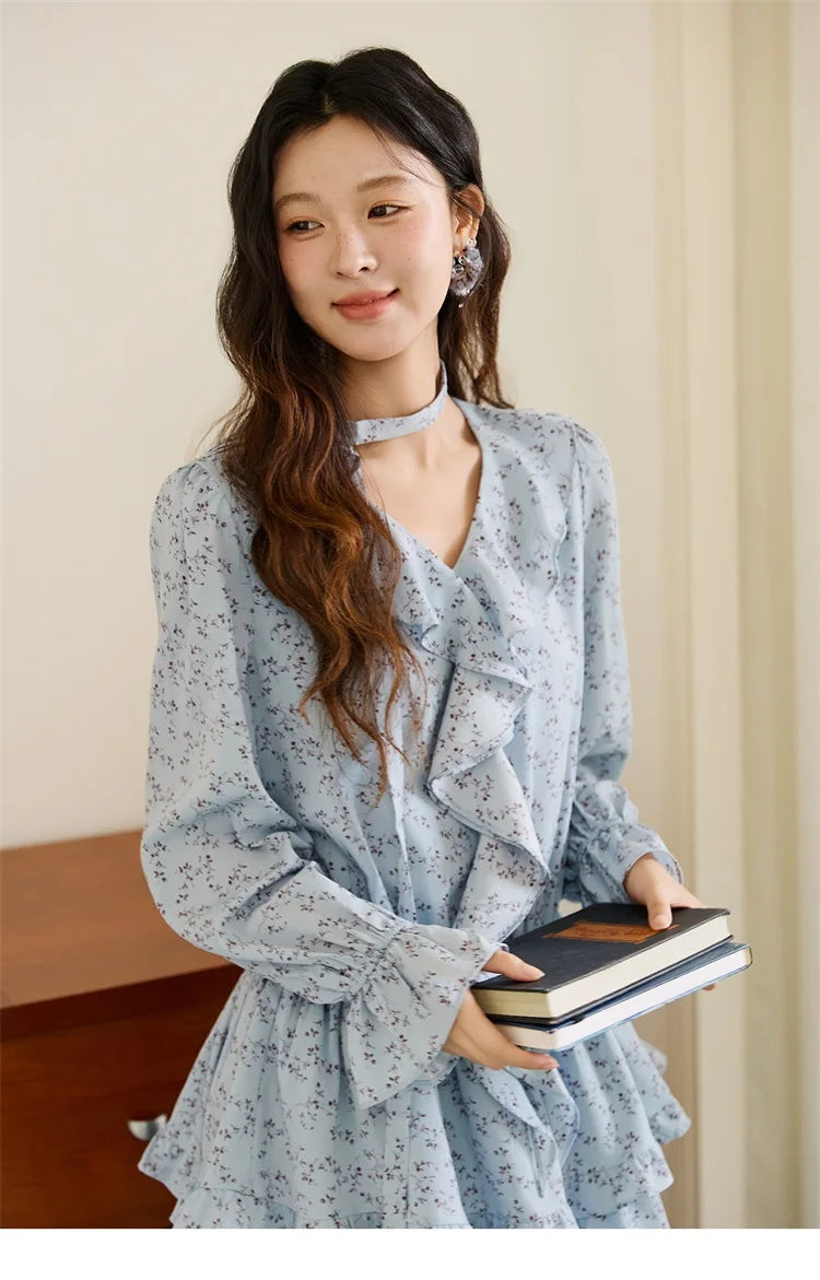 MISHOW Floral Dress for Women Cotton 2026 Spring Blue Luxury V-neck Ruffled Puff Sleeve Dress Party Midi Dress Woman MXE46L2517