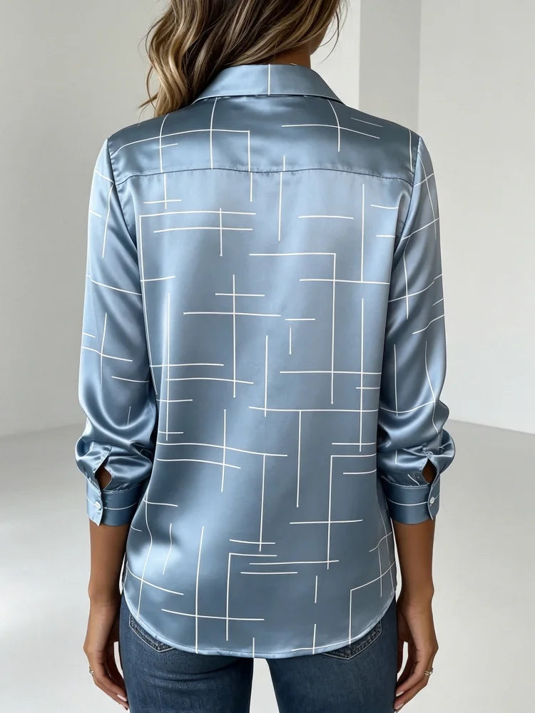 2026 New Style Fashionable Women's Printed Shirt, Autumn Blue Satin Long-Sleeved Shirt; Elegant and Loose Office Casual Top; Women's Teacher Outfit; Women's Autumn Clothing