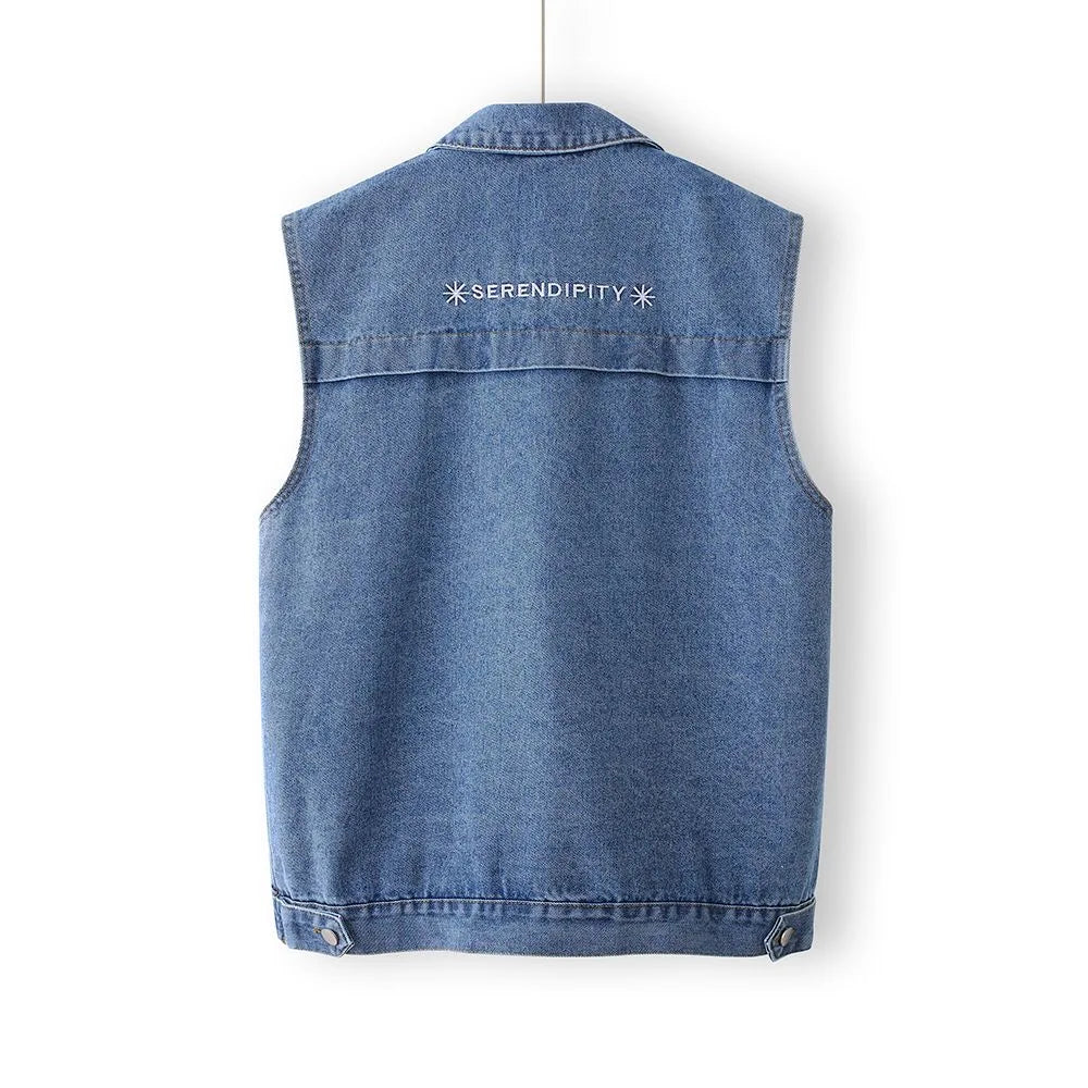 Faionable Embroidered Letter Denim Vest Women's Spring Summer New Sle Svel oulder Pad Thin Outerwear  Collar ...