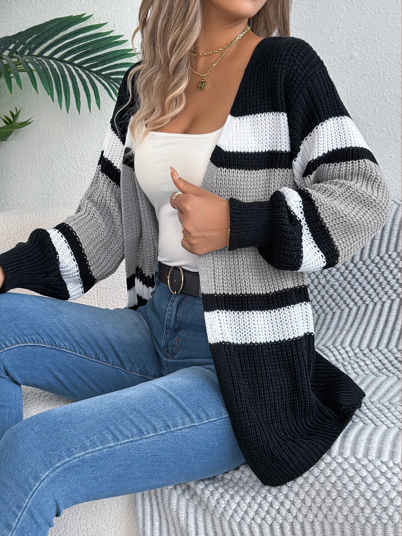 Women's Color Block Striped Cardigan Sweaters 2026 Autumn Winter Casual Lantern Long Sleeve Knitted Coats Fashion Woman Outwear