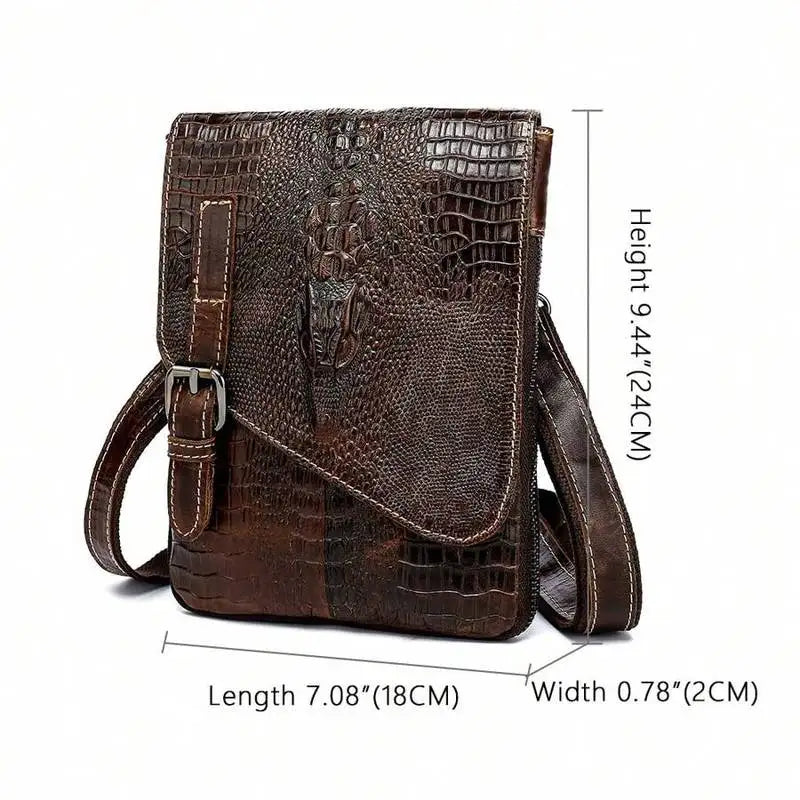 Flap‑over Business Men Crossbody Shoulder Bag, Crocodile Texture First Layer Cowhide Genuine Leather Messenger Bag for Office & Daily Commute