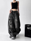 American Vintage Trend Ripped Frayed Black Baggy Jeans Women Y2K Street-Style Distressed Design Fashionable Versatile Wide-Leg Pants
