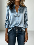 2026 New Style Fashionable Women's Printed Shirt, Autumn Blue Satin Long-Sleeved Shirt; Elegant and Loose Office Casual Top; Women's Teacher Outfit; Women's Autumn Clothing