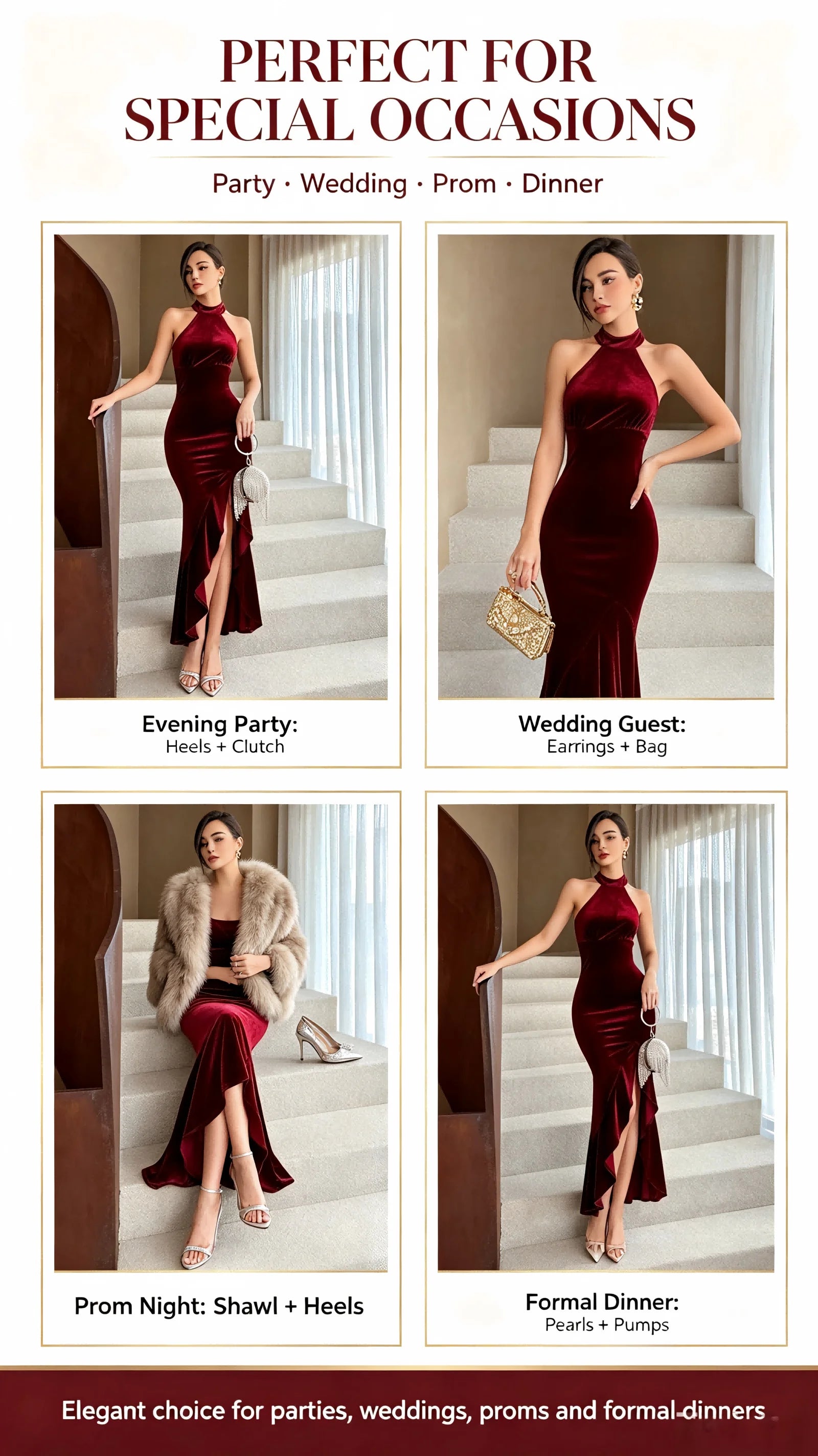 Burgundy Velvet Halter Neck Mermaid Gown High Neck Split Evening Party Dress for Women Wedding Guest Prom Formal Dresses