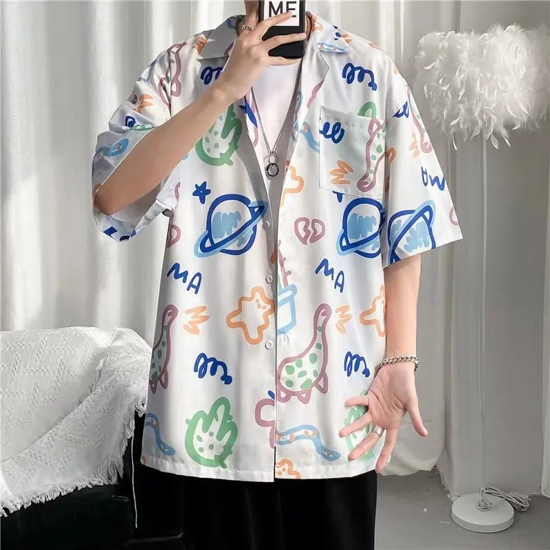 Summer Hawaiian Shirts For Men Hip Hop Mens Japanese Geisha Funny Printed White Pink Shirts Men Korean Casual Holiday Tops Shirt