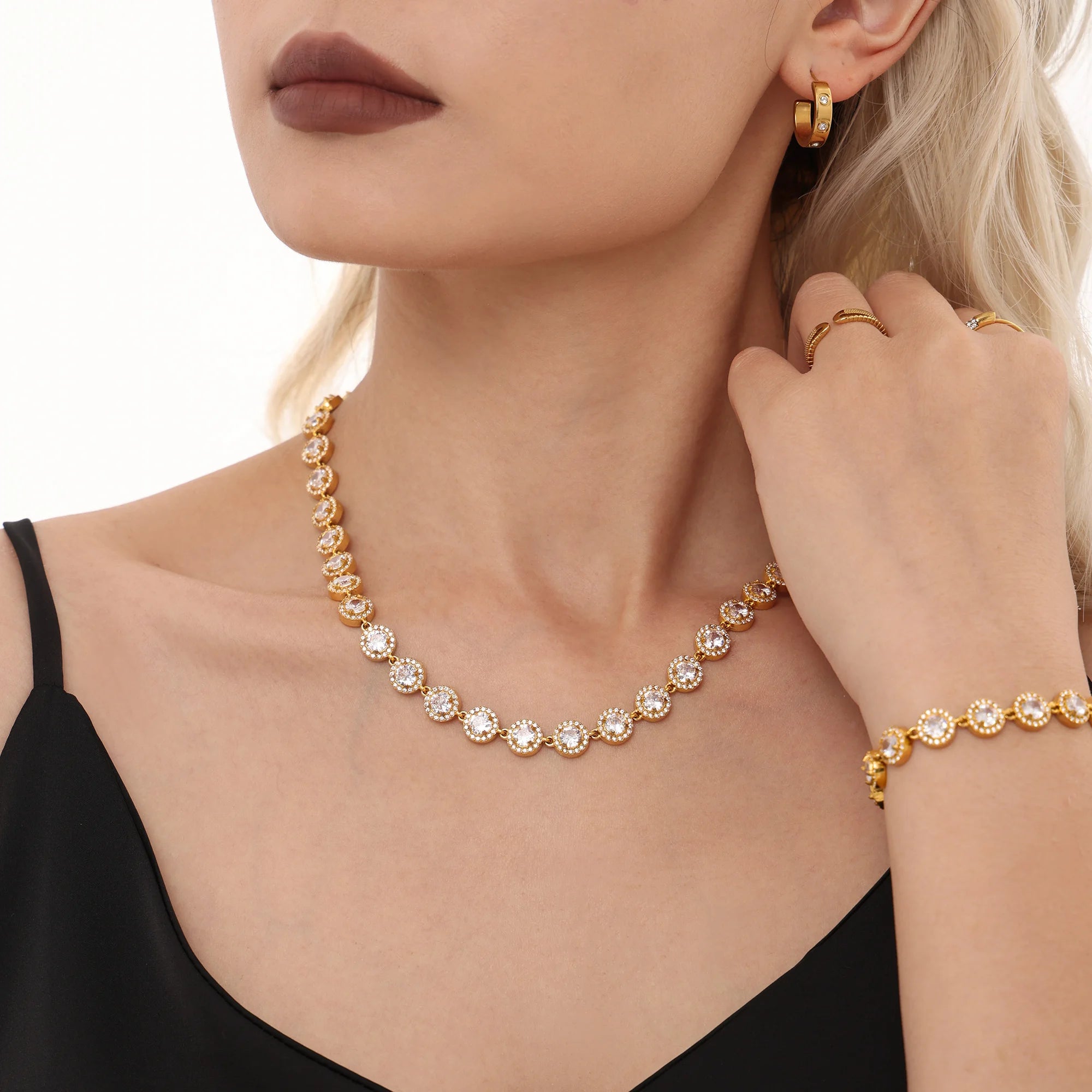 Colorful Zircon Necklace Heart Chain Bracelet Set Women's 316L Stainless Steel Gold-Plated Luxury Wedding Jewelry Accessories