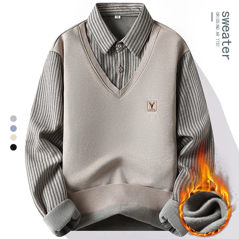 Mens Polo Sweater Shirt Collar Knit Pullover Autumn Winter Fleece T-shirt Casual Sweaters Navy Blue Khaki Korean Clothing