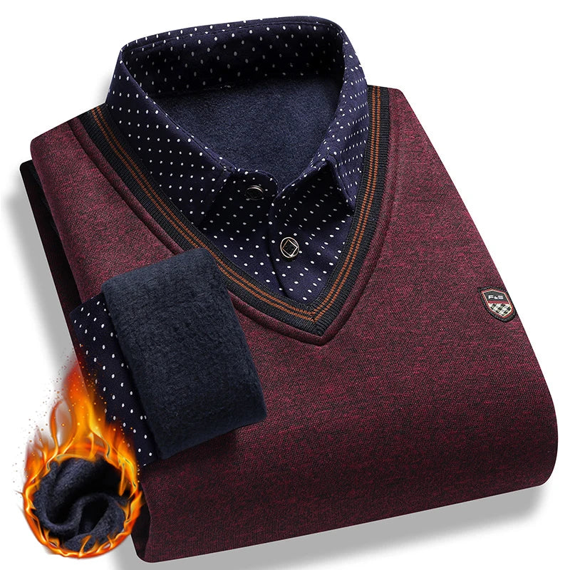 Men's Plush Sweater Autumn Winter Fake Two Piece Pullover Polo Shirt Collar Fleece Thick Warm Top Clothes Casual Jumpers