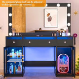 Vanity Desk W/6000-Colors Light&Power Outlet,Makeup Vanity Desk W/LED Mirror and Lights 3 Colors,Transparent GlassTop
