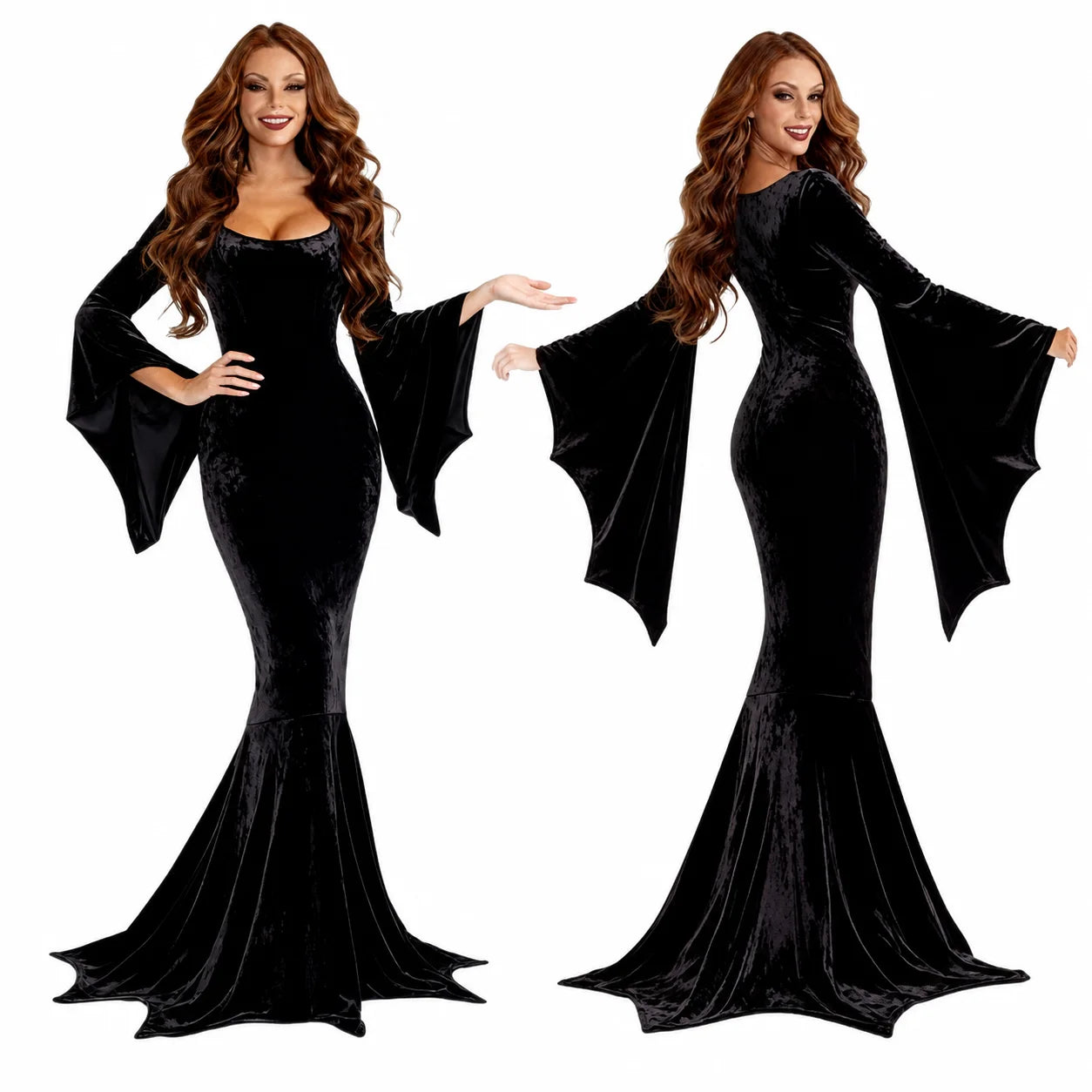 Women Gothic Velvet Mermaid Maxi Dress Bat Flared Long Sleeve Bodycon Gown Dark Witch Vampire Costume Halloween Cosplay Party Outfit