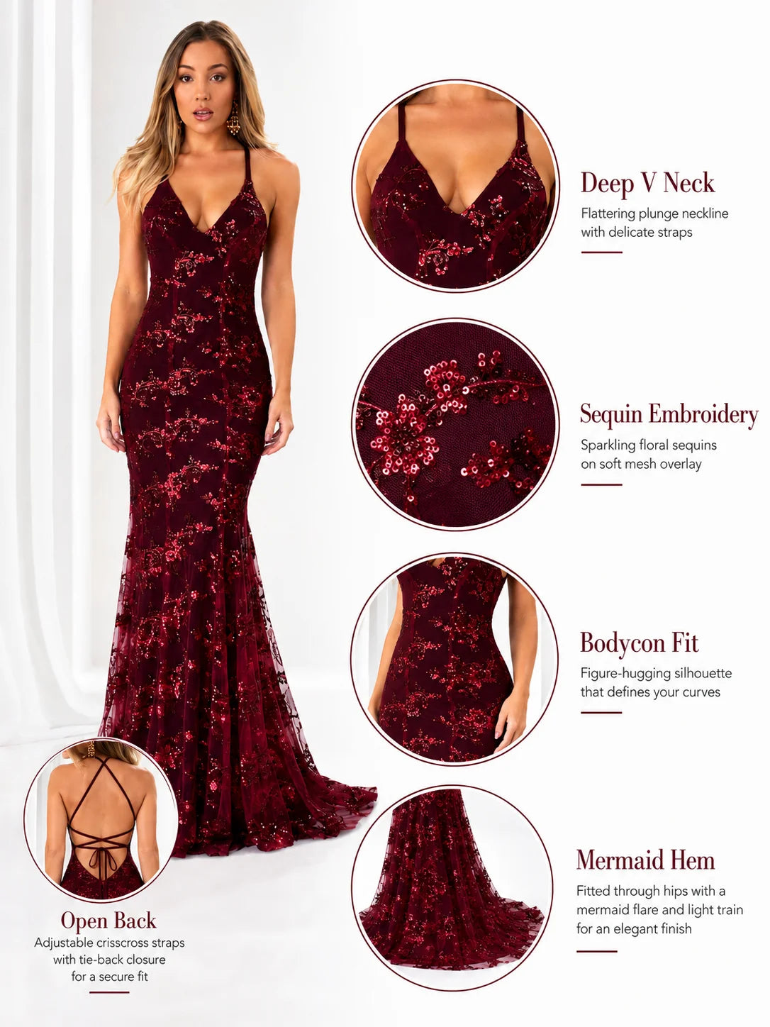Sexy Sequin Floral Mermaid Evening Gown for Women Deep V Neck Spaghetti Strap Formal Prom Dress Floor Length Tulle Wedding Guest Party Ball Gown