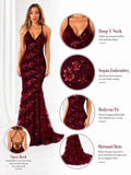 Sexy Sequin Floral Mermaid Evening Gown for Women Deep V Neck Spaghetti Strap Formal Prom Dress Floor Length Tulle Wedding Guest Party Ball Gown