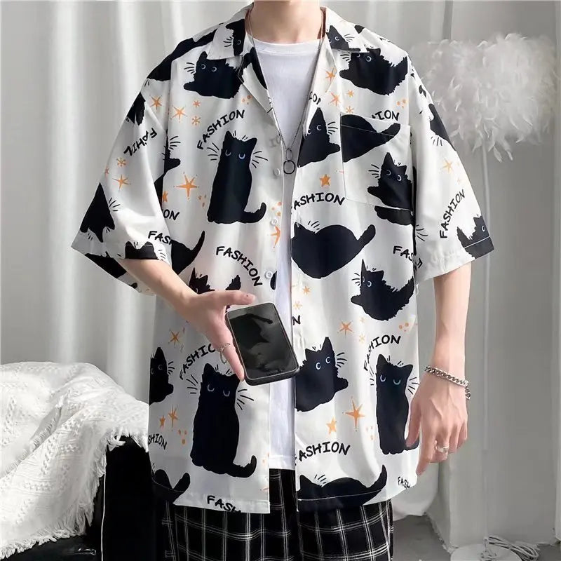 Summer Hawaiian Shirts For Men Hip Hop Mens Japanese Geisha Funny Printed White Pink Shirts Men Korean Casual Holiday Tops Shirt